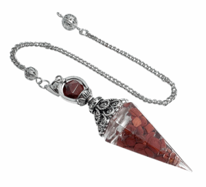 PENDULE ORGONITE JASPE ROUGE 6 FACES MONTÉ SUR CHAINE MÉTAL